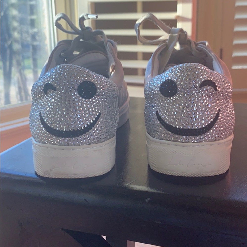Lola Cruz Nude Leather Jeweled Winky Face Sneakers